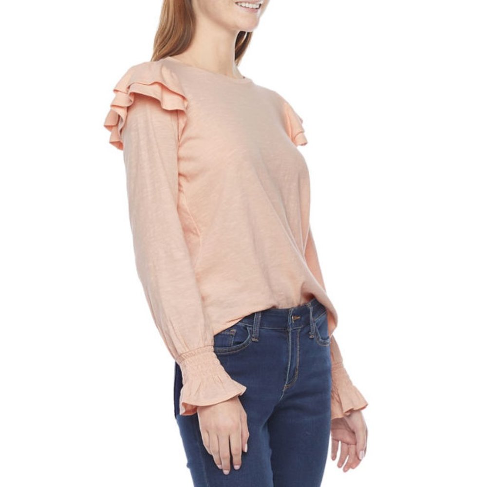 NEW Ana L Peach Ruffle‎ Long Sleeve Shoulder Knit Top Blouse